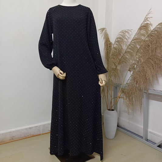Stylish Muslim Rhinestone Dubai Round Neck Pullover Belt Dress for Ev