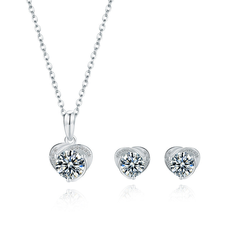 925 Necklace Stud Earrings Heart Sterling Silver Inlaid Moissanite
