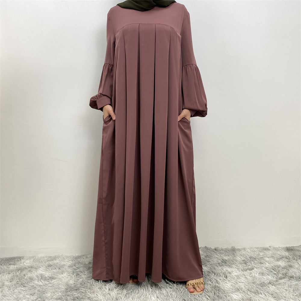 Robe musulmane plissée unie à col rond
