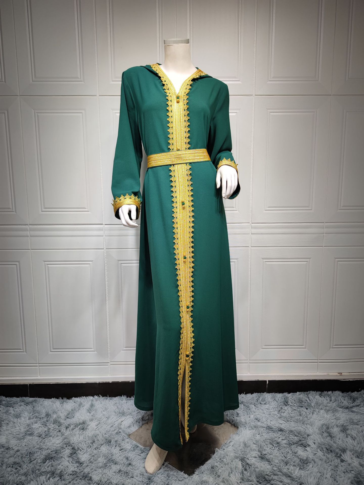 Stylish Linen Green Muslim Saudi Arabian Hooded Women'S Swing Dress f