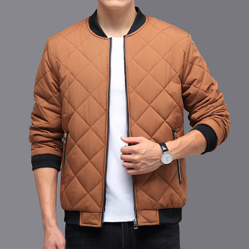 Manteau en coton à motif losanges, blouson de baseball chaud et épais pour homme, vêtement d'extérieur décontracté de couleur unie
