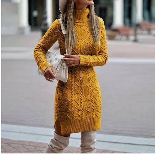 Stylish Fashion Turtleneck Knitted Dress With Slit Design Winter Warm