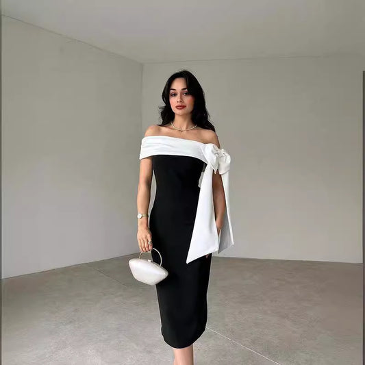 Damen Off-Shoulder Cocktailkleid mit Schleife und Schwarz-Weiß-Farbkombination