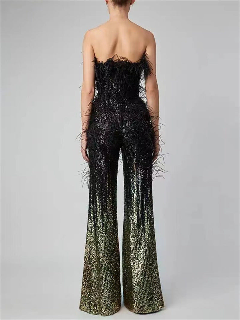 Stylish Ostrich Feather Gradient Sequin Tube Top Jumpsuit for Everyda