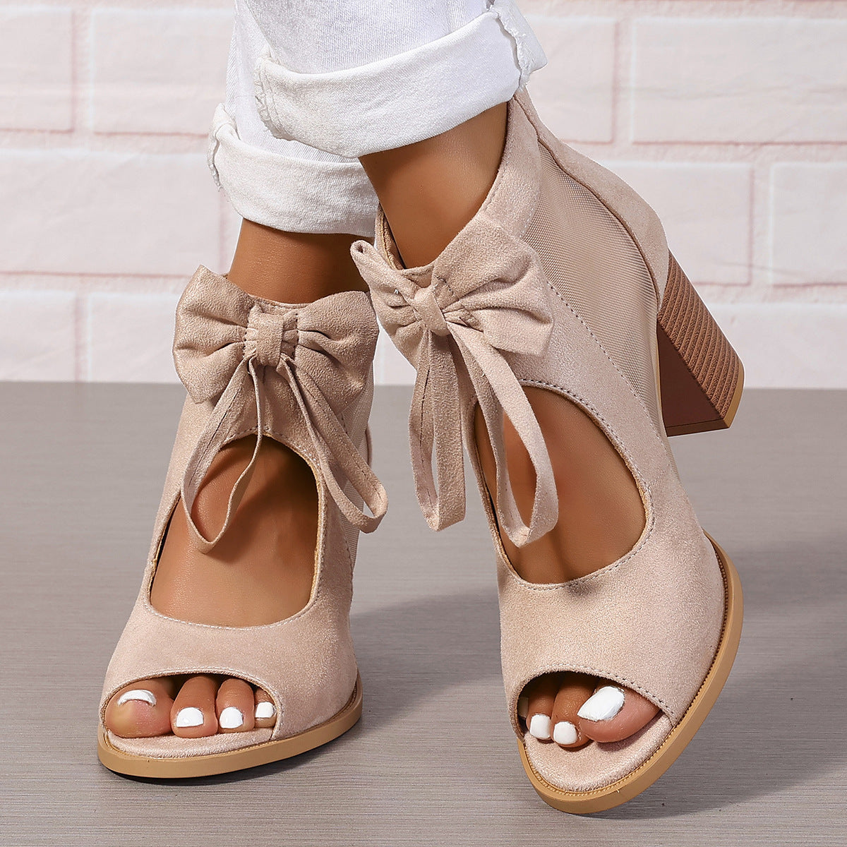 Plateau-Sandalen mit klobigen High Heels und Schleifendekoration, offener Zehenbereich, Blockabsatz, Knöchelriemen, Sandalen für Abendkleider, Brautpartys