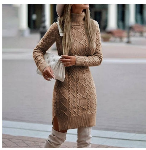 Stylish Fashion Turtleneck Knitted Dress With Slit Design Winter Warm