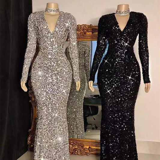 Graues langärmliges Pailletten-Abendkleid
