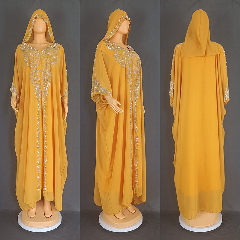 Stylish Rhinestone Beaded Muslim Long Gown African Hooded Dress for E