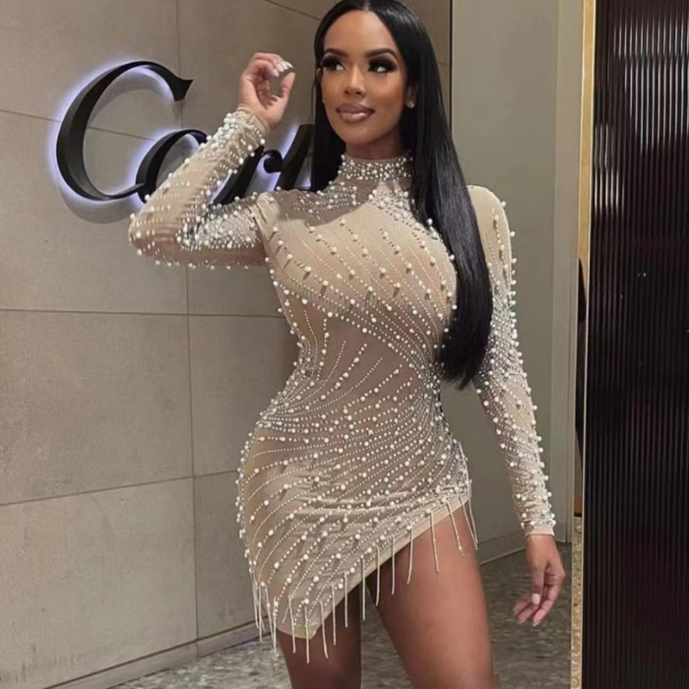 Heavy Industry Perlen Strass Stretch-Seitennaht Quasten Kurzarmkleid