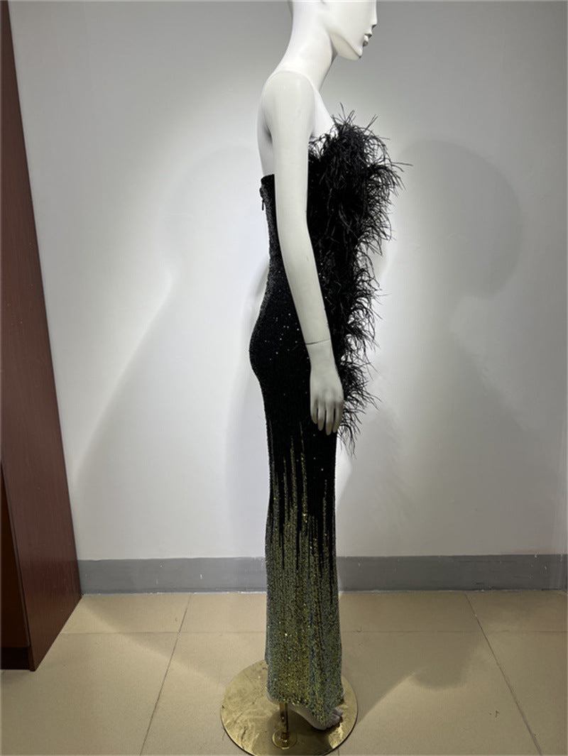 Stylish Ostrich Feather Gradient Sequin Tube Top Jumpsuit for Everyda