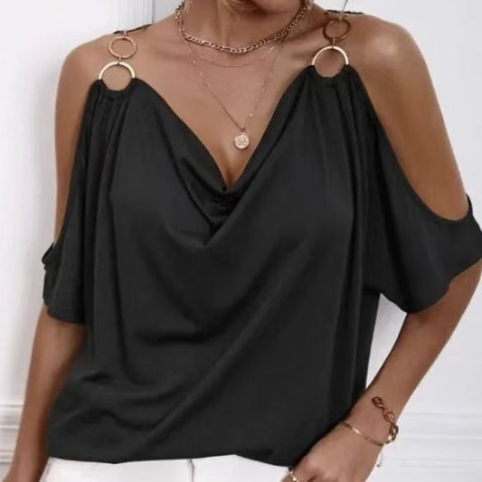Einfarbiges T-Shirt-Oberteil für Damen mit kaltem Schulterkragen und O-Ring-Detail 