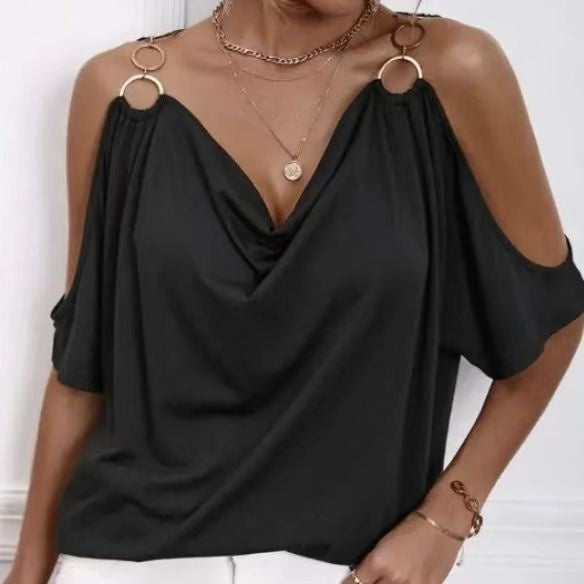 Einfarbiges T-Shirt-Oberteil für Damen mit kaltem Schulterkragen und O-Ring-Detail 