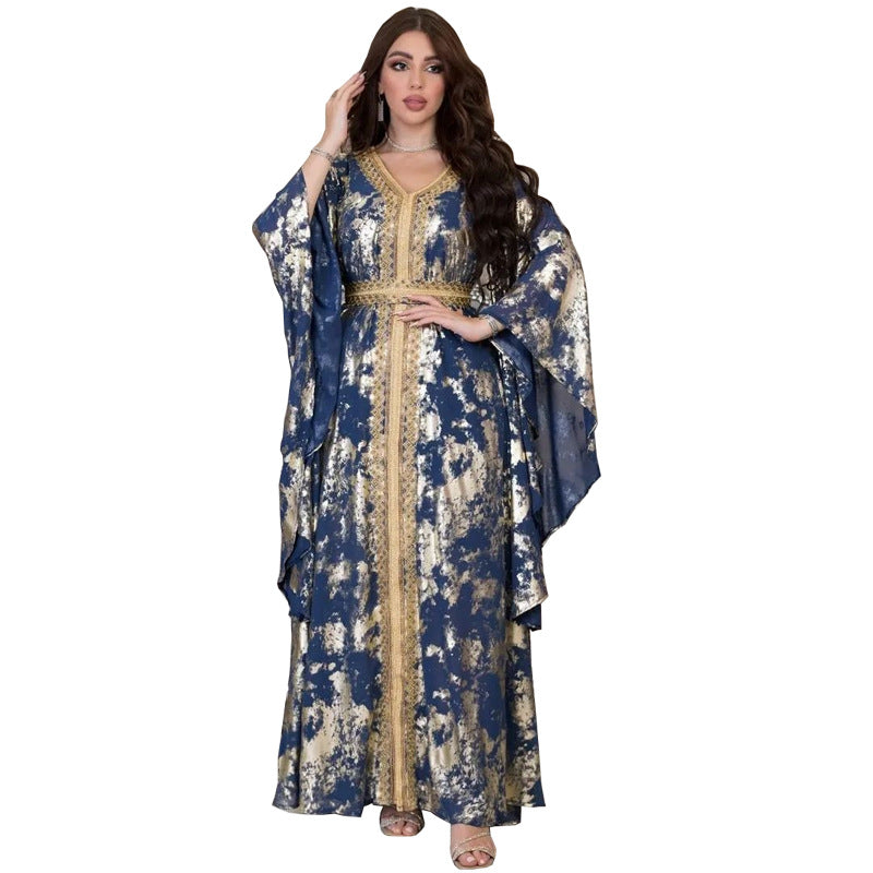 Stylish Muslim Chiffon Bronzing Robe Containing Belt Dress for Everyd