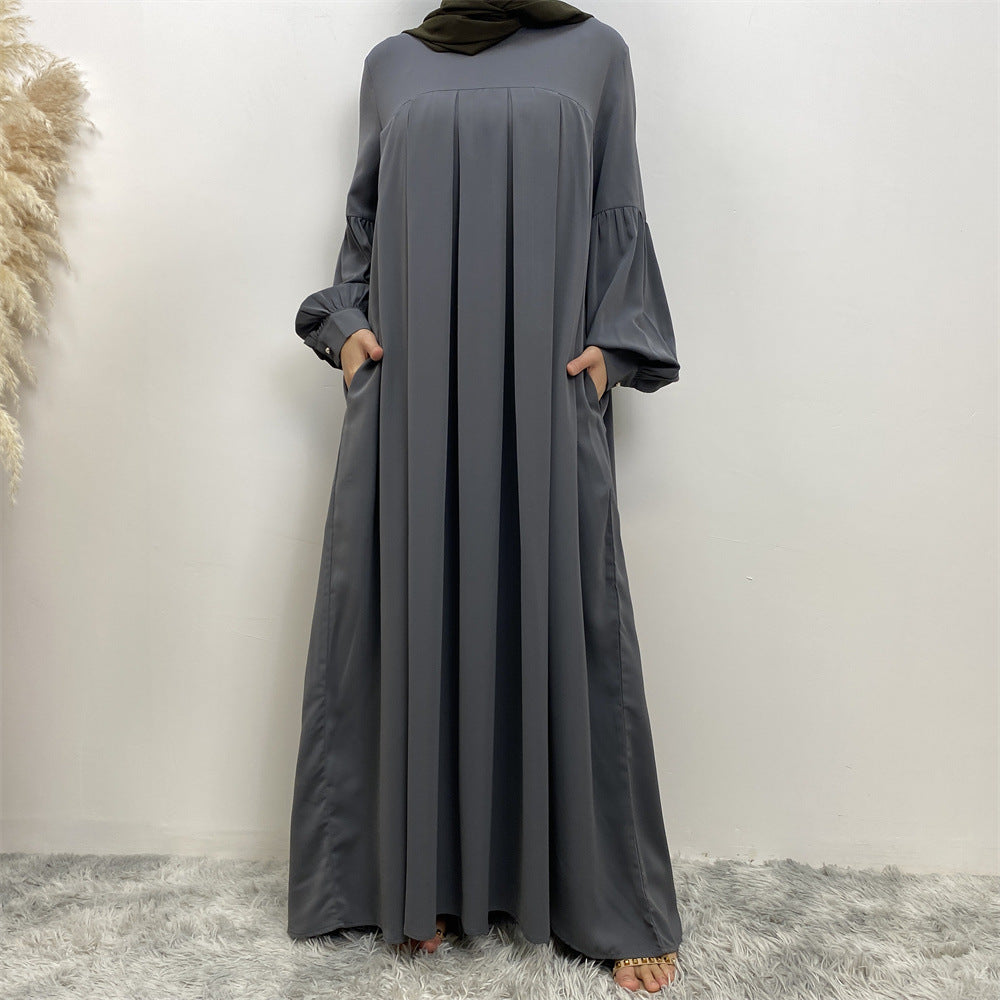 Robe musulmane plissée unie à col rond