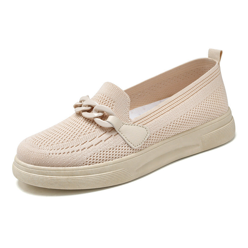 Flache Schuhe mit Kette für Damen, bequeme Slip-On-Schuhe mit runder Spitze