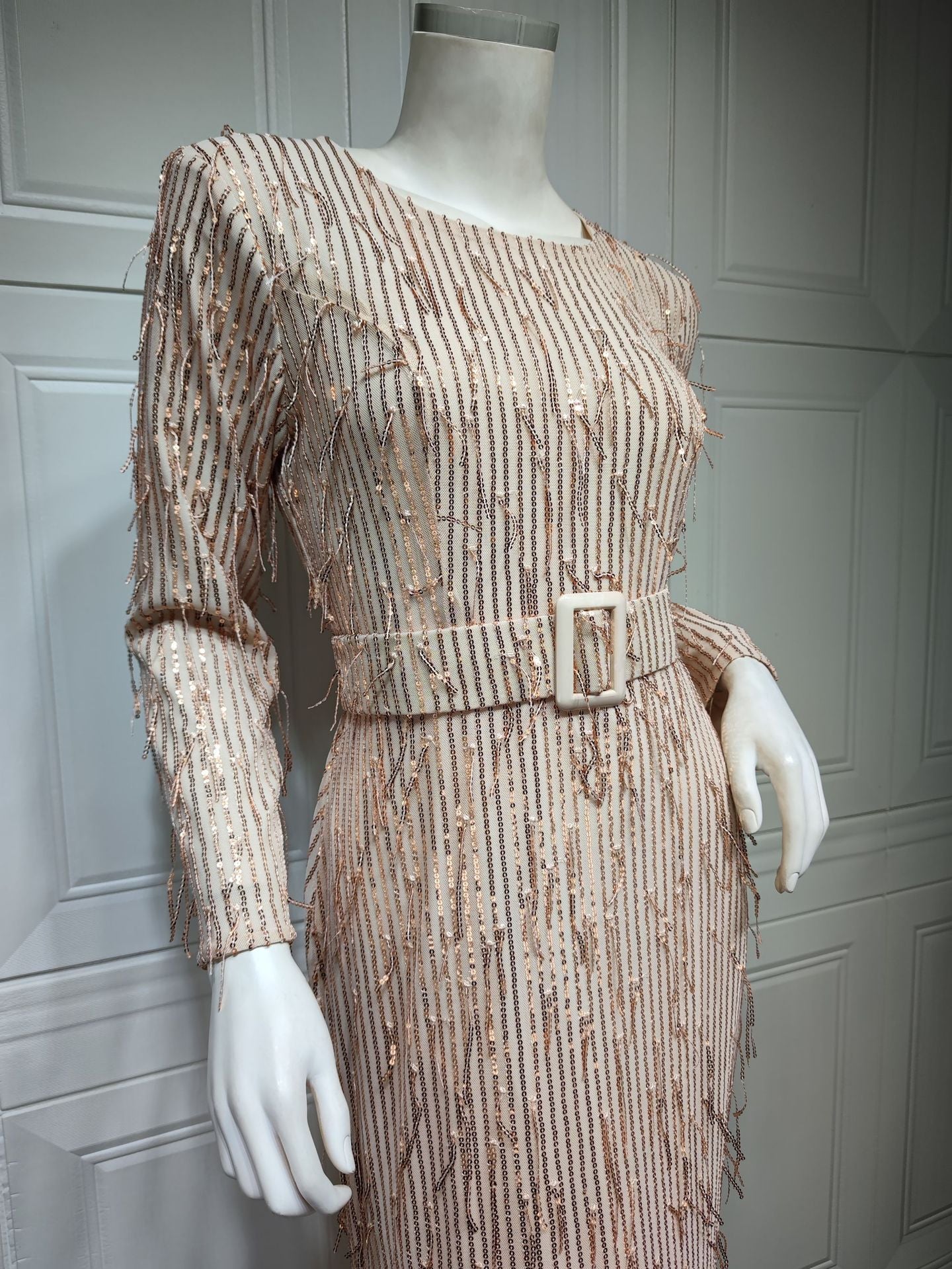 Robe Musulmane Slim à Paillettes et Pompons