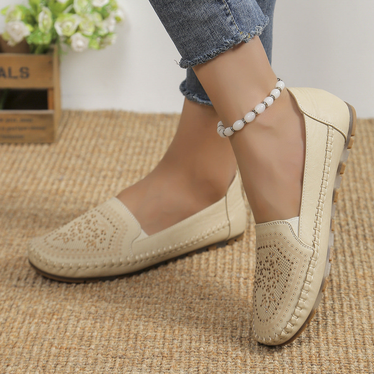 Chaussures décontractées pour femmes, cousues à la main, couleur unie, Gommino