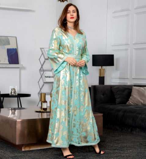 Stylish Muslim Bronzing Robe Women'S Two Piece Belted Dress for Every