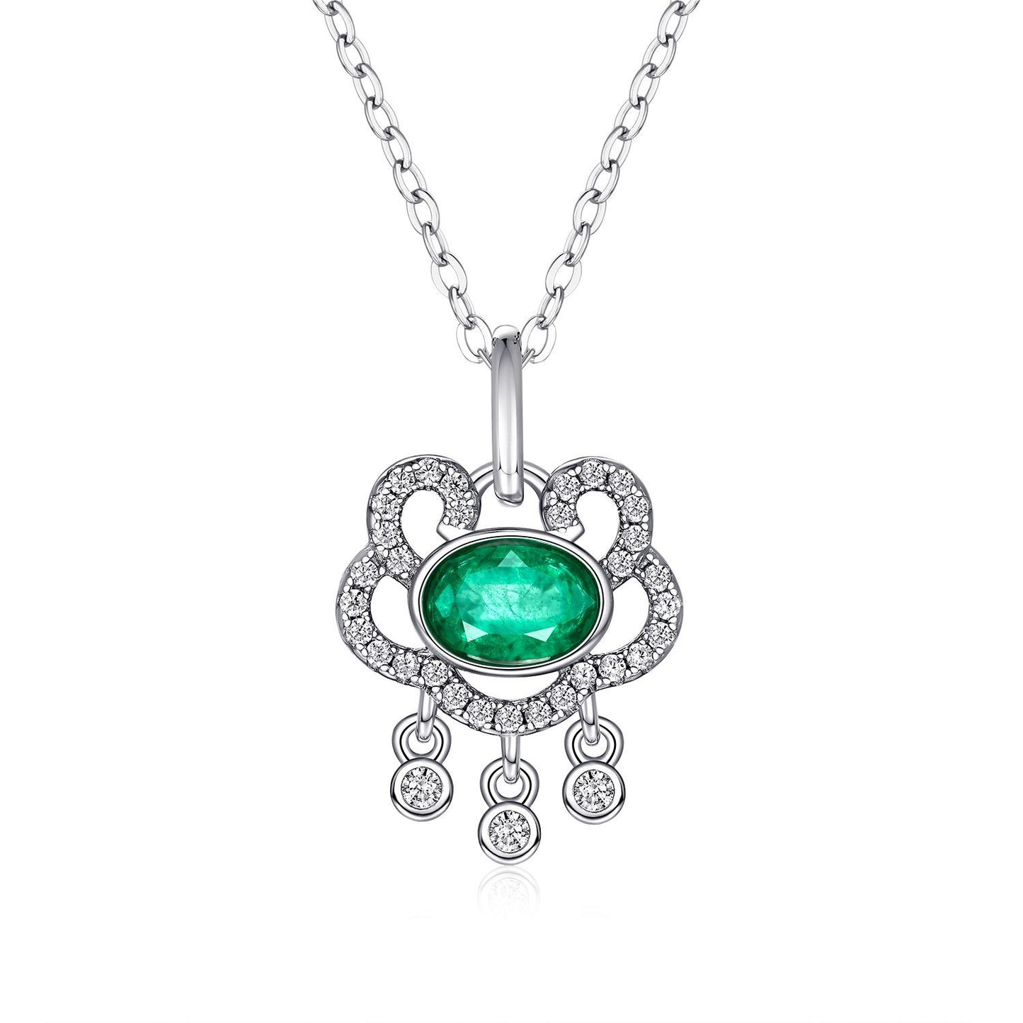 Natural Emerald Necklace Women's 925 Silver Full Set Delicate Light Luxury Pendant Auspicious Cloud Safety Lock Pendant Jewelry
