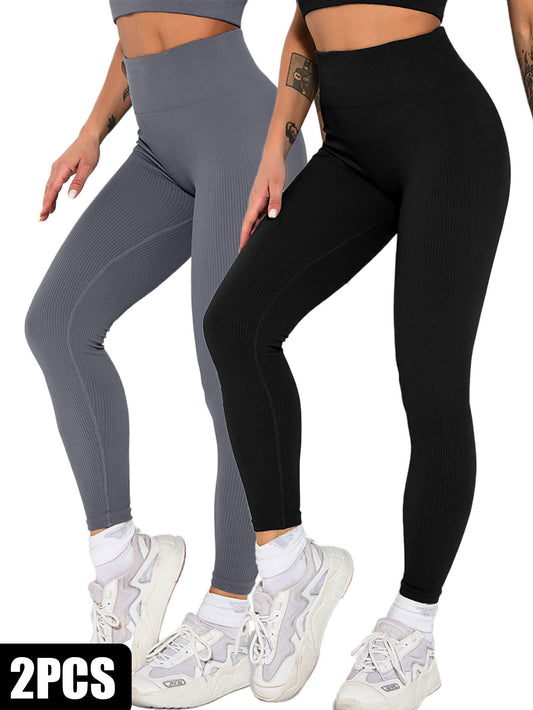 2er-Pack nahtlose gerippte Leggings für Damen, weiche, schlankmachende Yogahosen, gerippte Yogahosen, hohe Taille, Fitnessstudio-Leggings, Sport, Frauen, Fitness, nahtlos, weiblich