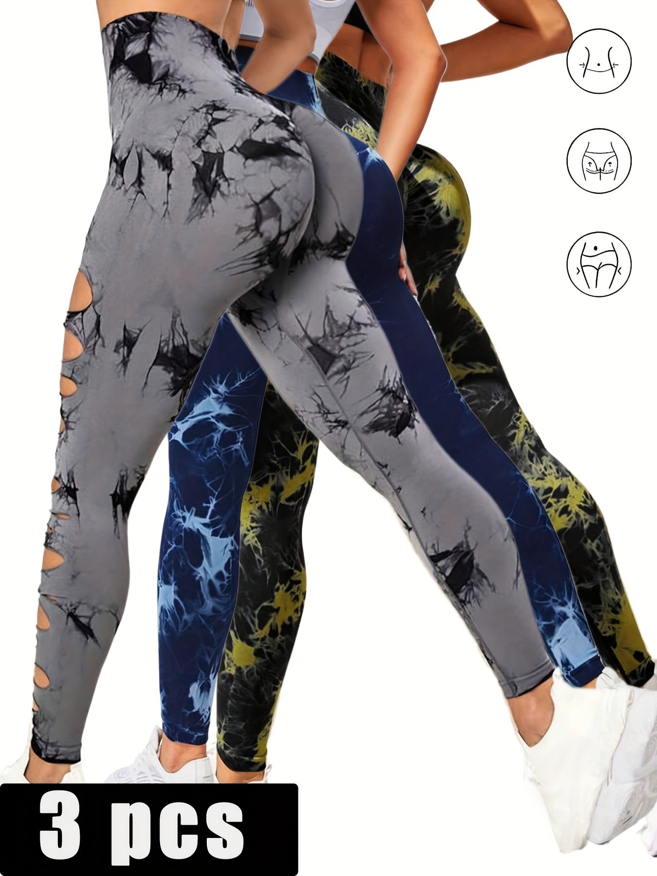 3er-Pack Damen-Strumpfhosen mit Batikmuster und Cutout, hohe Taille, Workout-Yoga-Leggings, elastische Scrunch-Po-Lifting-Hose, Yoga-Hose mit hoher Taille und Cutout, zerrissene Bauchkontrolle, Workout, Laufen, Yoga, Skinny-Leggings