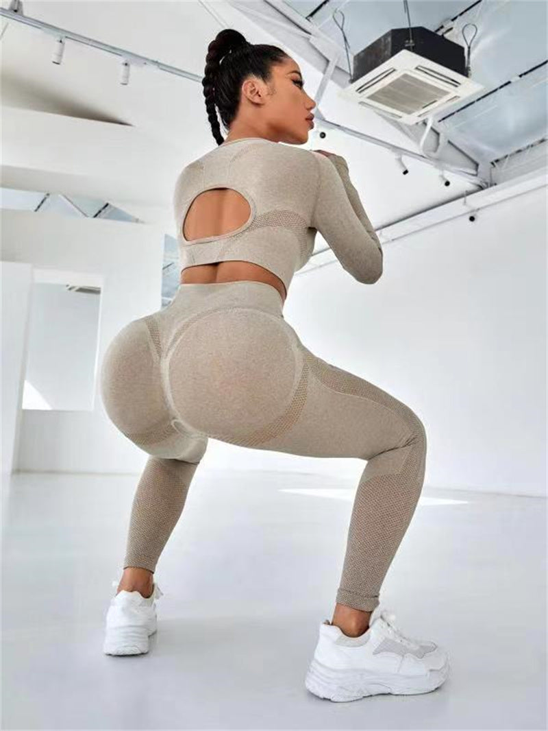 2 pièces Ensembles de sport hauts à manches longues creux et leggings de fitness sans couture taille haute gainante, vêtements de sport pour la gym