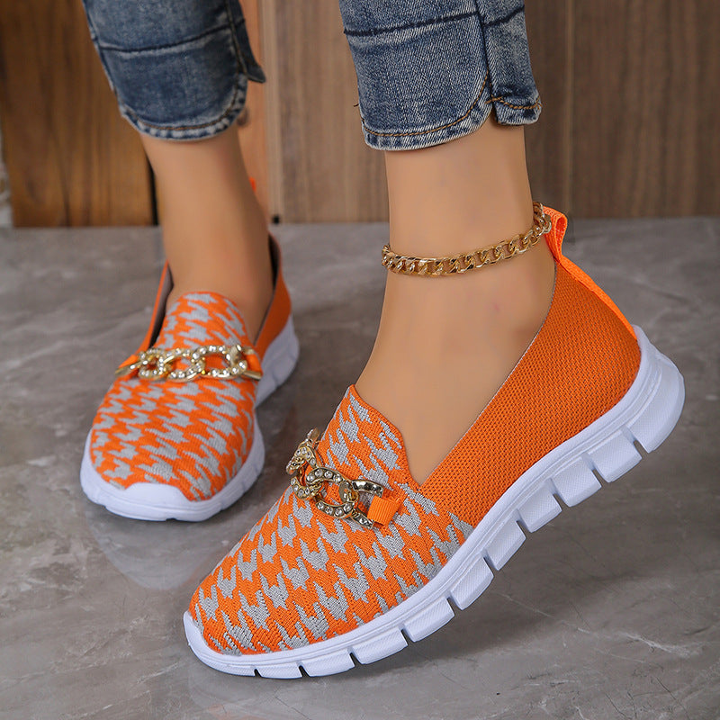 Lässige Hahnentrittmuster-Ketten-Mesh-Schuhe Sommer-Wandersport-Flachschuhe Damen Atmungsaktive Slipper
