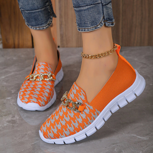 Lässige Hahnentrittmuster-Ketten-Mesh-Schuhe Sommer-Wandersport-Flachschuhe Damen Atmungsaktive Slipper