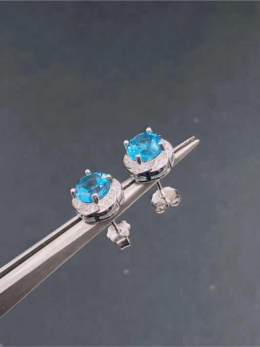 Stylish New Sapphire Natural London Blue Topaz Flower Stud Earrings f