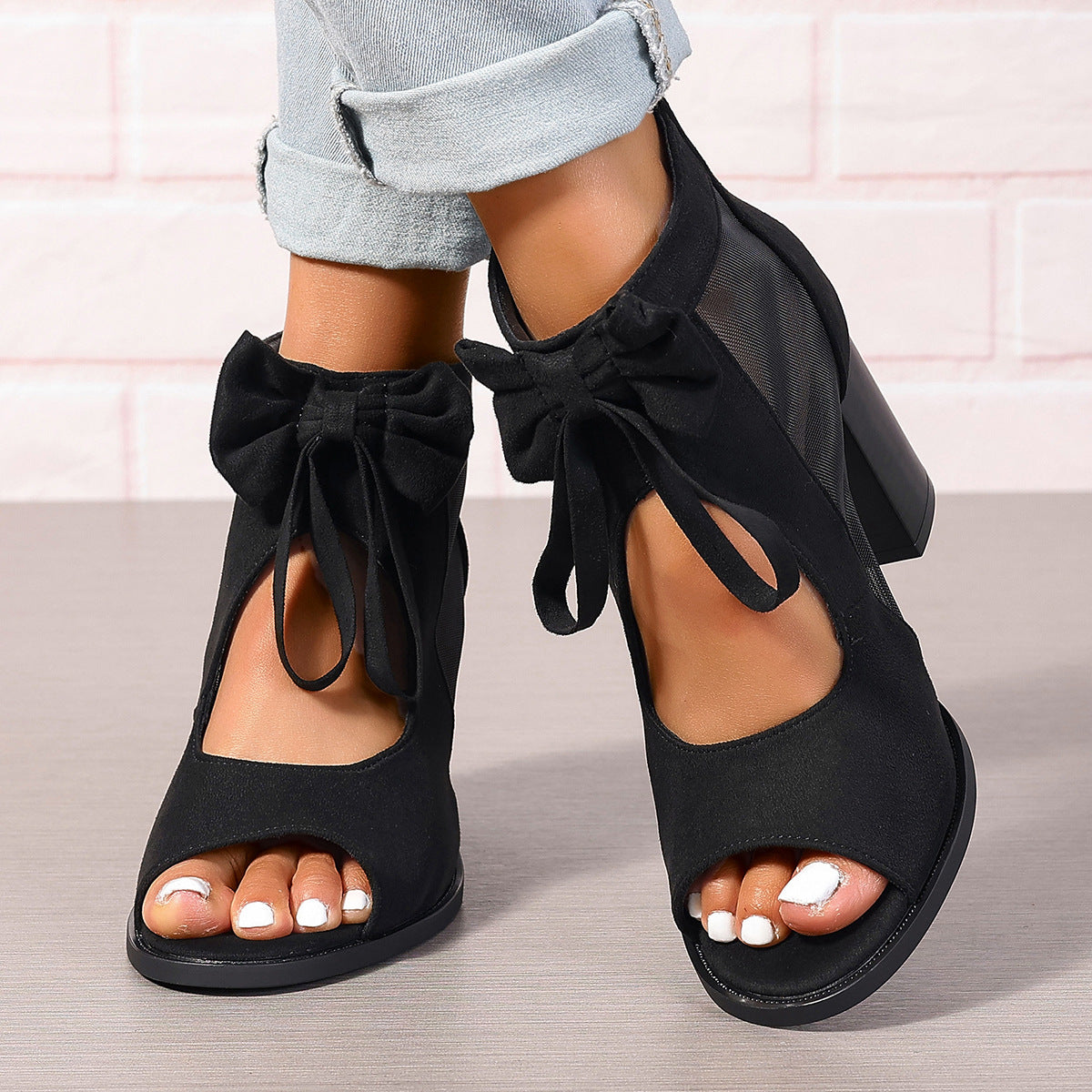 Plateau-Sandalen mit klobigen High Heels und Schleifendekoration, offener Zehenbereich, Blockabsatz, Knöchelriemen, Sandalen für Abendkleider, Brautpartys