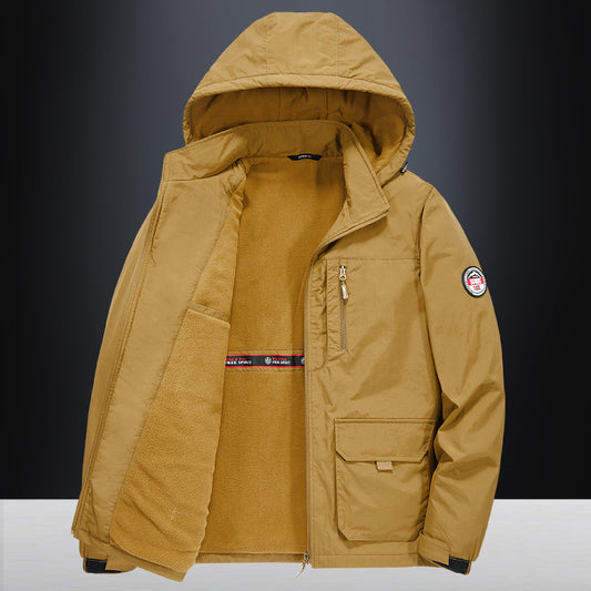 Fall Winter Men Middle-aged Loose Plus Size Outdoor Sports Windproof Hooded Cotton Jacket