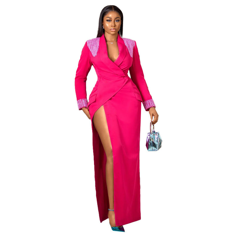 Stylish Rose Red Suit Collar Deep V Split High Waist Dress for Everyd