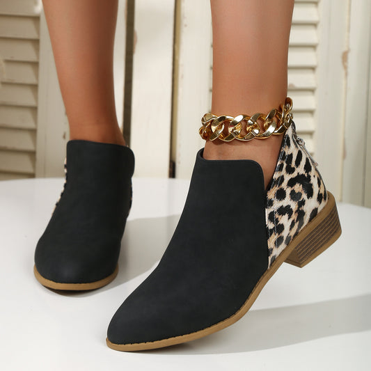 Mode Leopard Print Stiefel Frauen Spitzschuh Blockabsatz Zurück Reißverschluss Schuhe