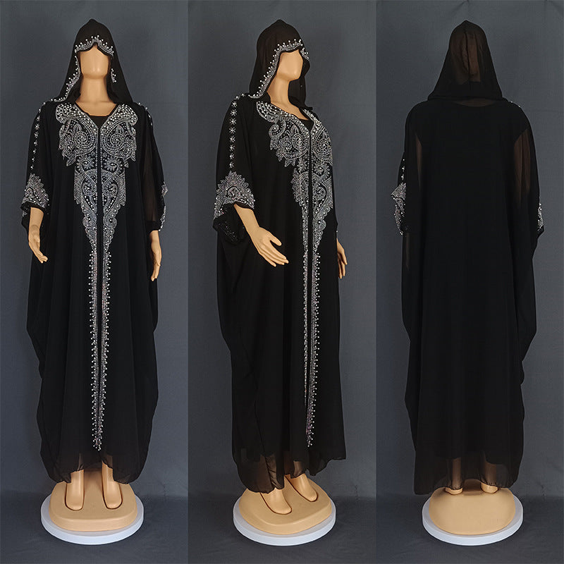 Stylish Rhinestone Beaded Muslim Long Gown African Hooded Dress for E