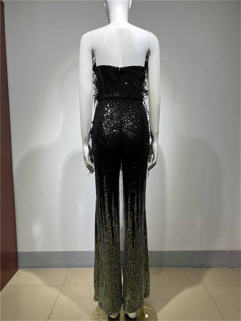 Stylish Ostrich Feather Gradient Sequin Tube Top Jumpsuit for Everyda
