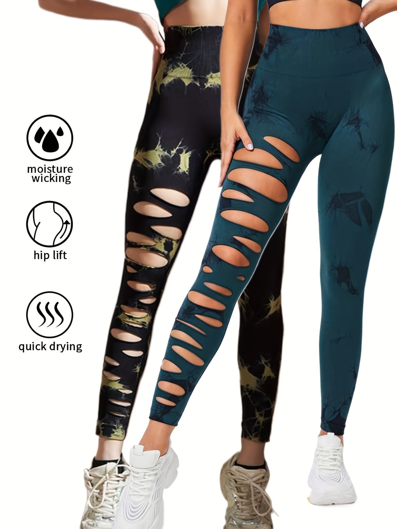 2er-Pack hohle, sexy, hochelastische Damen-Strumpfhosen mit Batikmuster und Ausschnitten, hohe Taille, Workout-Yoga-Leggings, elastische Scrunch-Po-Lifting-Hose, Bauchkontrolle, Po-Lifting, Workout-Yoga-Sporthose