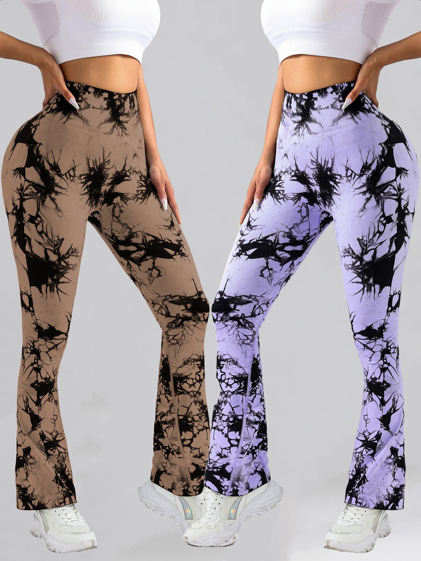 2er-Pack Batik-Leggings mit hoher Taille, ausgestellt, Po-Lifting, Fitness, Sport, Yoga, Schlaghosen für Damen, Workout-Leggings für Damen, nahtlose Leggings zum Kneten des Po-Liftings