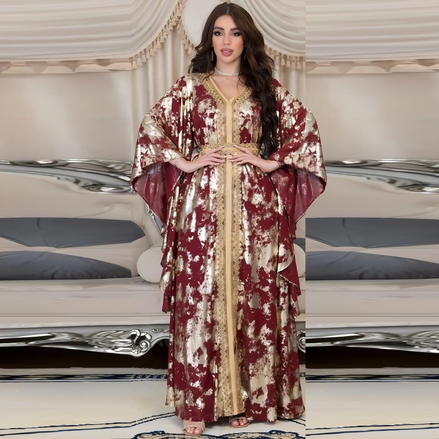 Stylish Muslim Chiffon Bronzing Robe Containing Belt Dress for Everyd