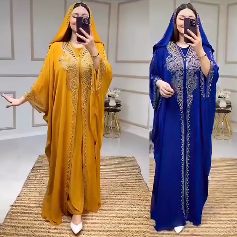 Stylish Rhinestone Beaded Muslim Long Gown African Hooded Dress for E