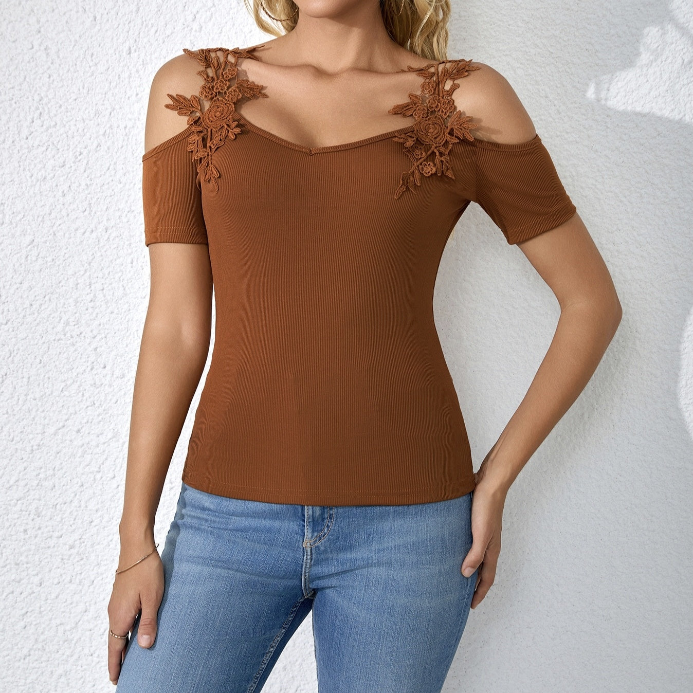 Ladies' Light V-neck Fashionable Casual Solid Color Lace Patchwork T-shirt Top
