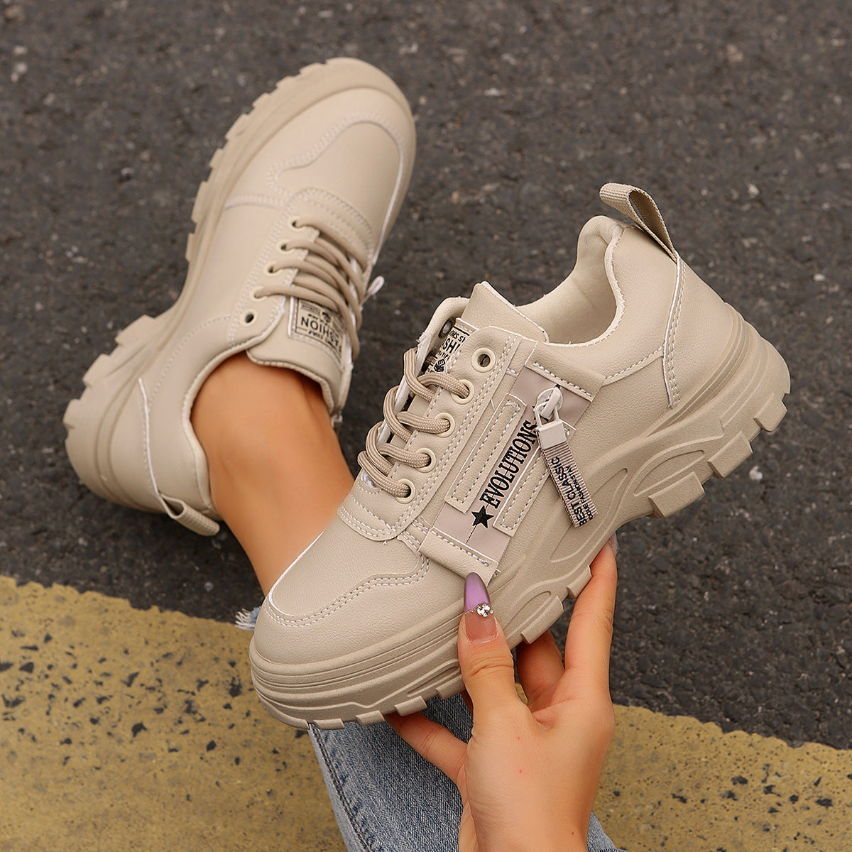 Sportschuhe zum Schnüren mit seitlichem Reißverschluss-Design, modische Freizeitschuhe mit runder Spitze und dicker Sohle für Damen-Sneaker