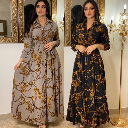 Stylish Women'S Middle Eastern Muslim Vintage Print Lace Up Dress for