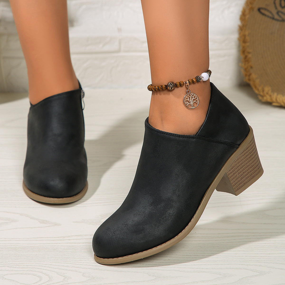 Stiefeletten mit klobigem Absatz und runder Spitze und seitlichem Reißverschluss-Design, modische kurze Stiefel für Damen im Herbst und Winter
