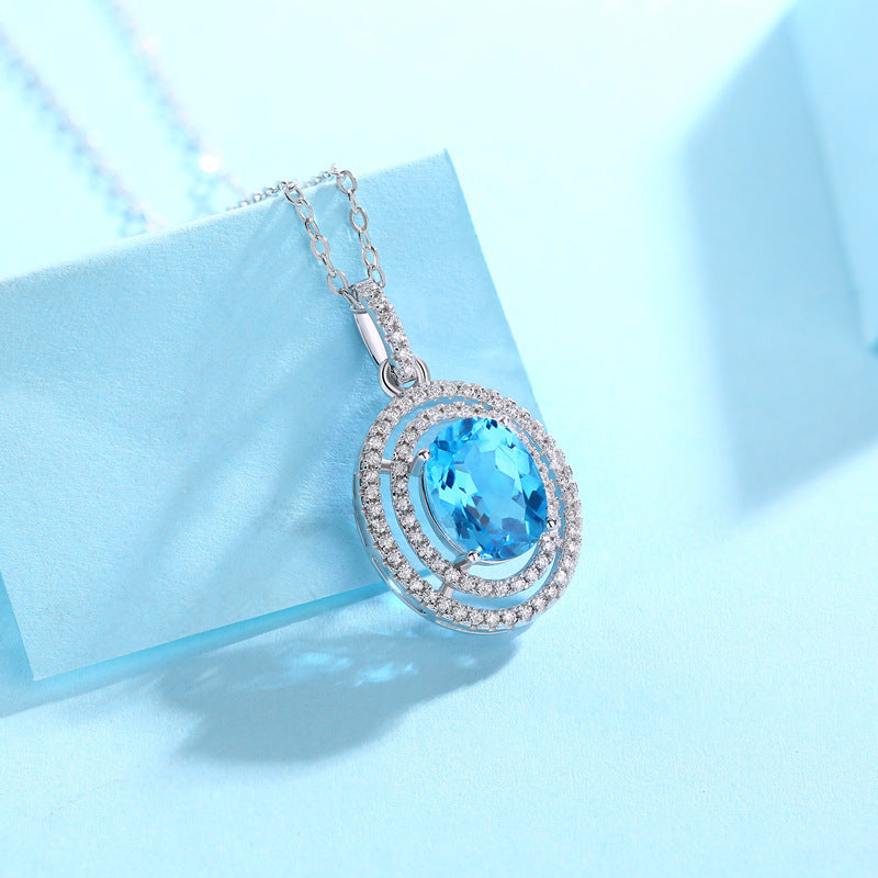 Collier en Argent Sterling S925, Topaze Bleue Cœur de l'Océan, Incrustation Moissanite, Bijoux de Luxe Légers et Haute Définition