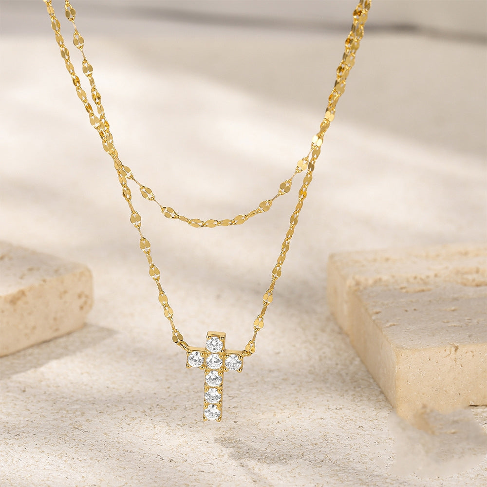 Women's S925 Sterling Silver Double Layer Twin Cross Diamond-studded Necklace