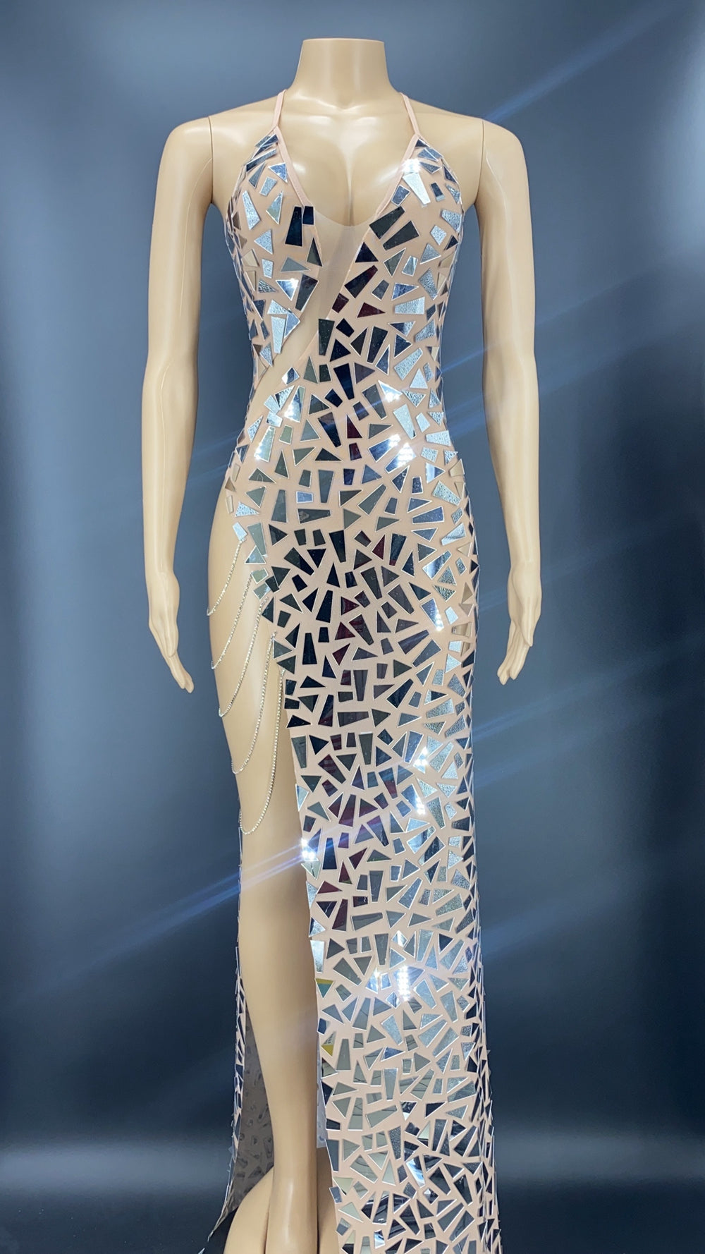 Robe de soirée moulante sexy sans manches, dos nu, avec fente haute et effet miroir scintillant