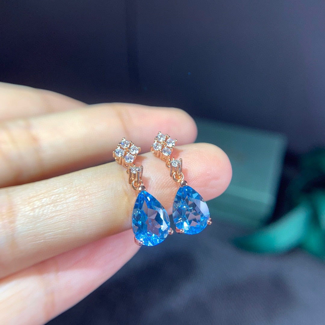 Boucles d'oreilles femme en topaze bleue naturelle