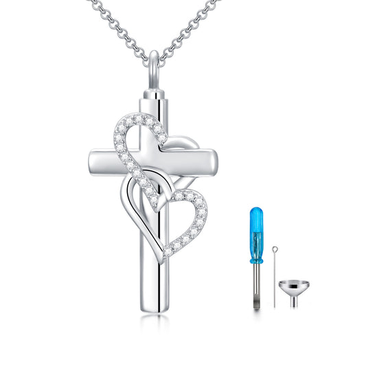 925 Sterling Silver Cross Urn Necklace for Ashes - Heart Memorial Pendant