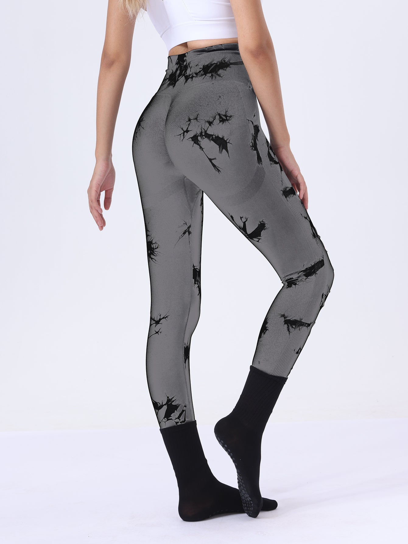 Po-Lifting-Yoga-Fitness-Sporthose, ausgehöhlte Bauchkontrolle-Sport-Leggings mit Batikmuster, Laufhose