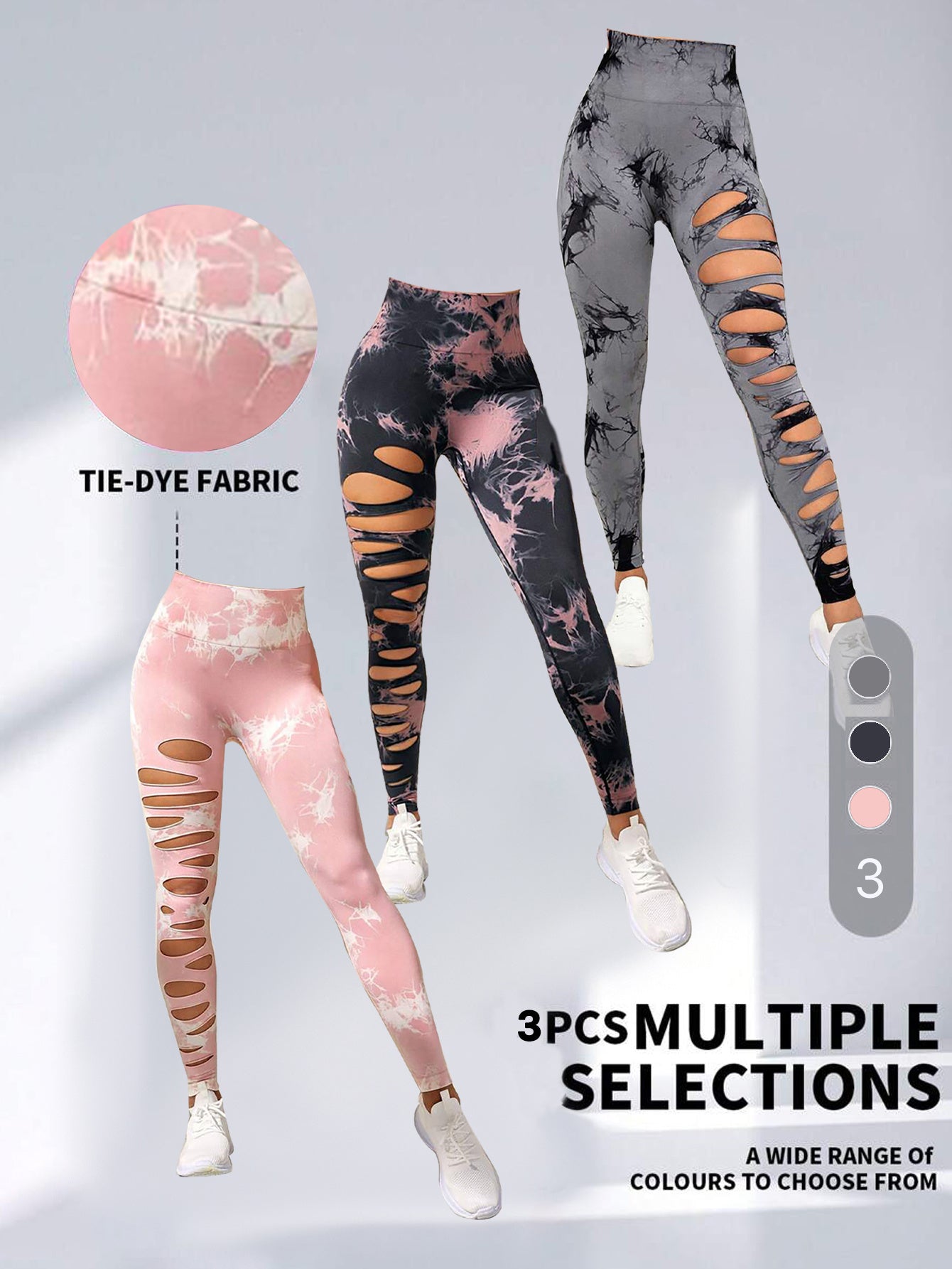 3er-Pack Damen-Strumpfhosen mit Batikmuster und Cutout, hohe Taille, Workout-Yoga-Leggings, elastische Scrunch-Po-Lifting-Hose, Yoga-Hose mit hoher Taille und Cutout, zerrissene Bauchkontrolle, Workout, Laufen, Yoga, Skinny-Leggings